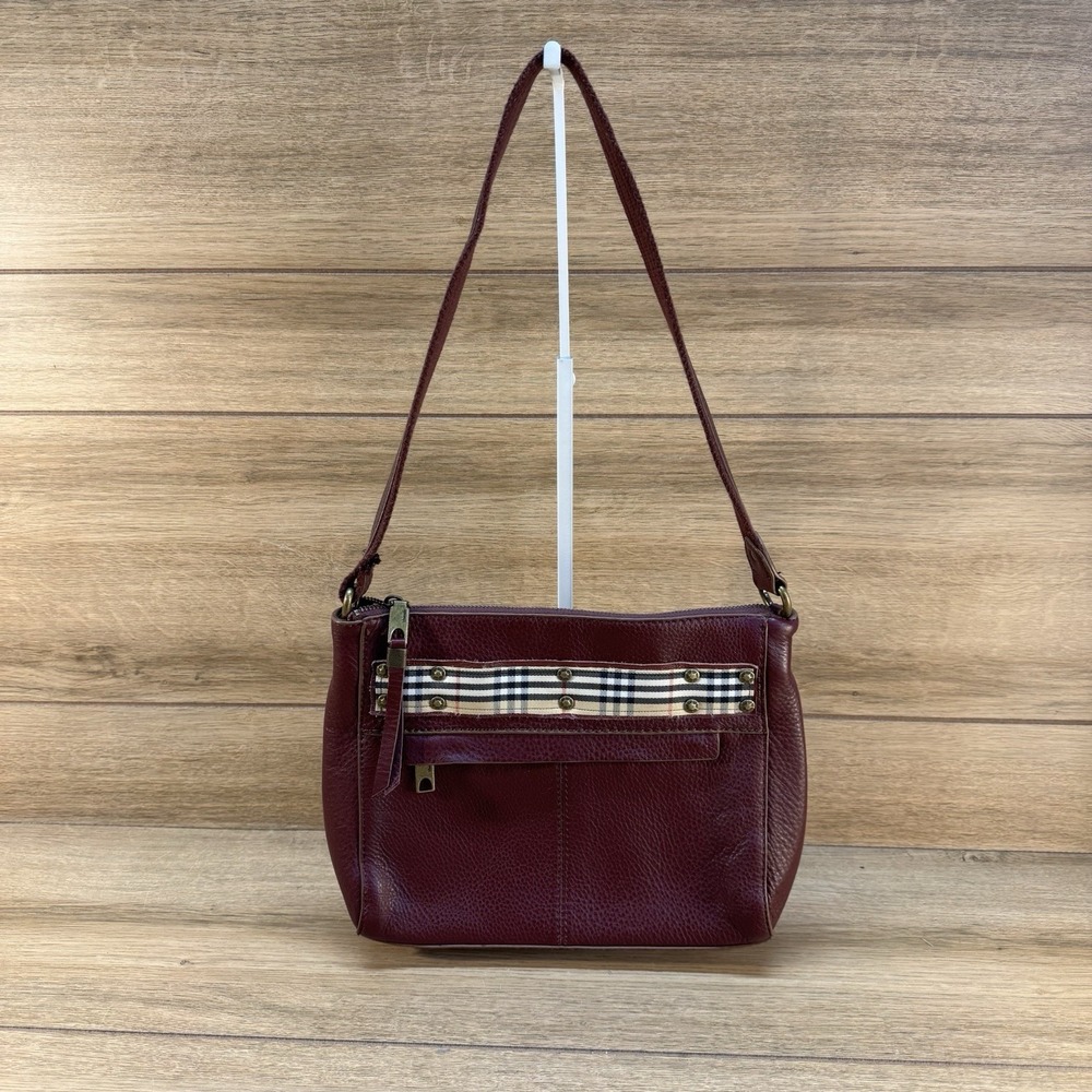 The Sak Medium Shoulder Bag Maroon Wine Red Nova Check Vintage Pebbled Leather